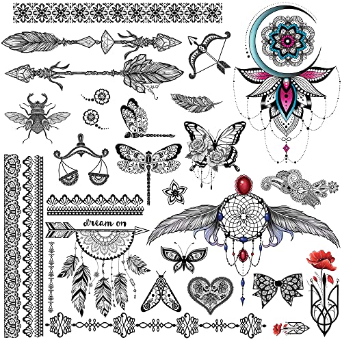 27 Patterns Garter Tribal Henna Temporary Tattoos For Women Girls, Waterproof Adult Tattoos Temporary Butterfly Ganesha Lace Mehndi Body Tattoos For Women, Mandala Flower Tatoo Moon Tatoos For Women #TOP16
