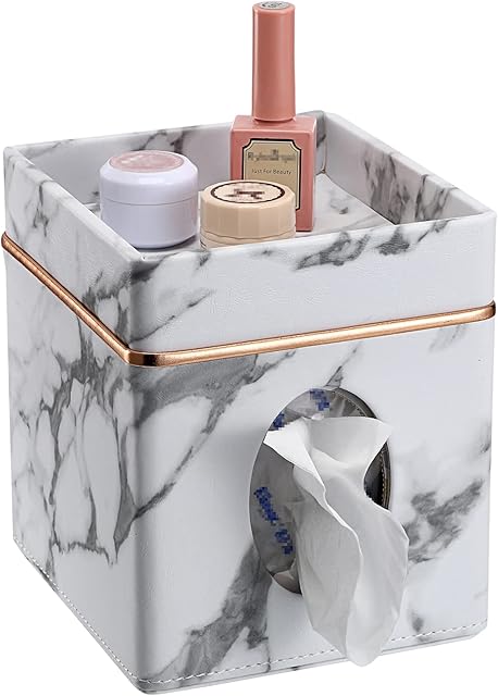 SUMNACON PU Leather Square Tissue Paper Box Holder Cube Facial Tissue Holder, Household Tissue Cover Box with Top Trinket Tray for Napkin, Facial Tissue (Marble White)