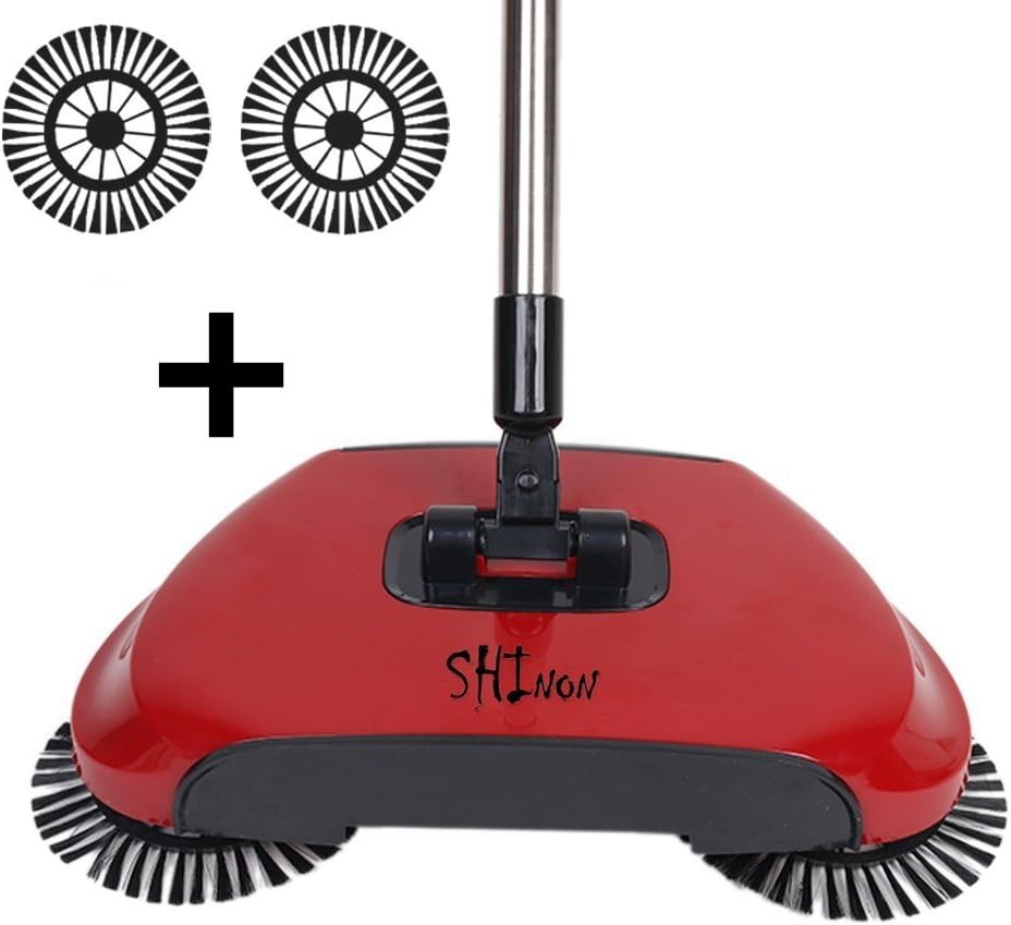 3 in 1 Household Lazy Automatic Hand Push Sweeper Broom 360 Degree Rotating Cleaning Machine Sweeping Tool Without Electricity Dustpan Trash Bin (Red)