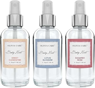 OLIVIA CARE Body Mist Trio, 3 Scents: Lotus Blossom, Sugared Rose, Sweet Clementine (3 Bottles Total (1 of Each Scent))