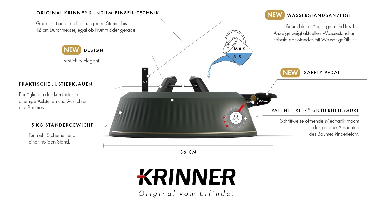 KRINNER® X-Series Christbaumständer X-260 Weihnachtsbaumständer NEU inkl. Fußpedal und 3,5 Liter Wassertank für Baumhöhe bis 2,6m Made IN Germany 94325