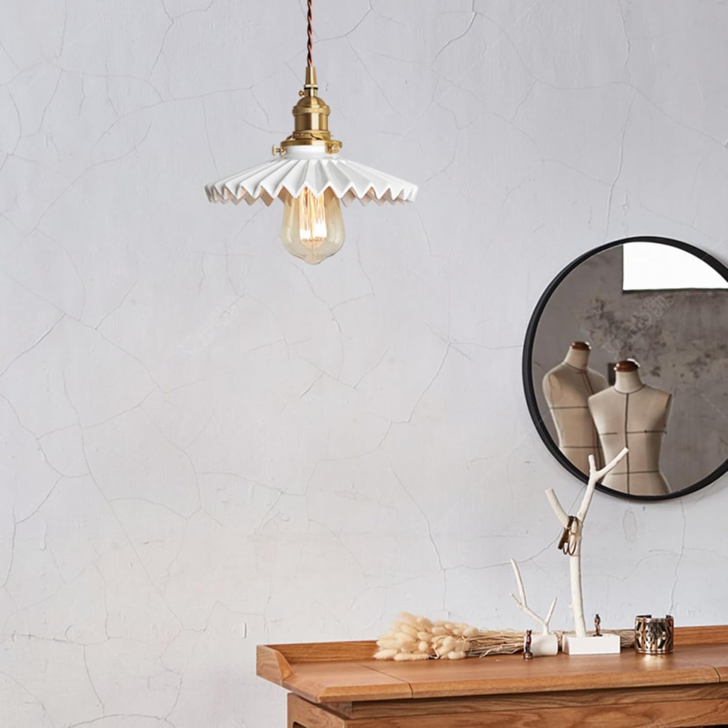 Retro Vintage Style Polished Milk White Ceramic Pendant Lamp Fixture 7.8" Ceramic Shade and Gold Brass Finish with ON/Off Switch Pendant Hanging Light(7.8")