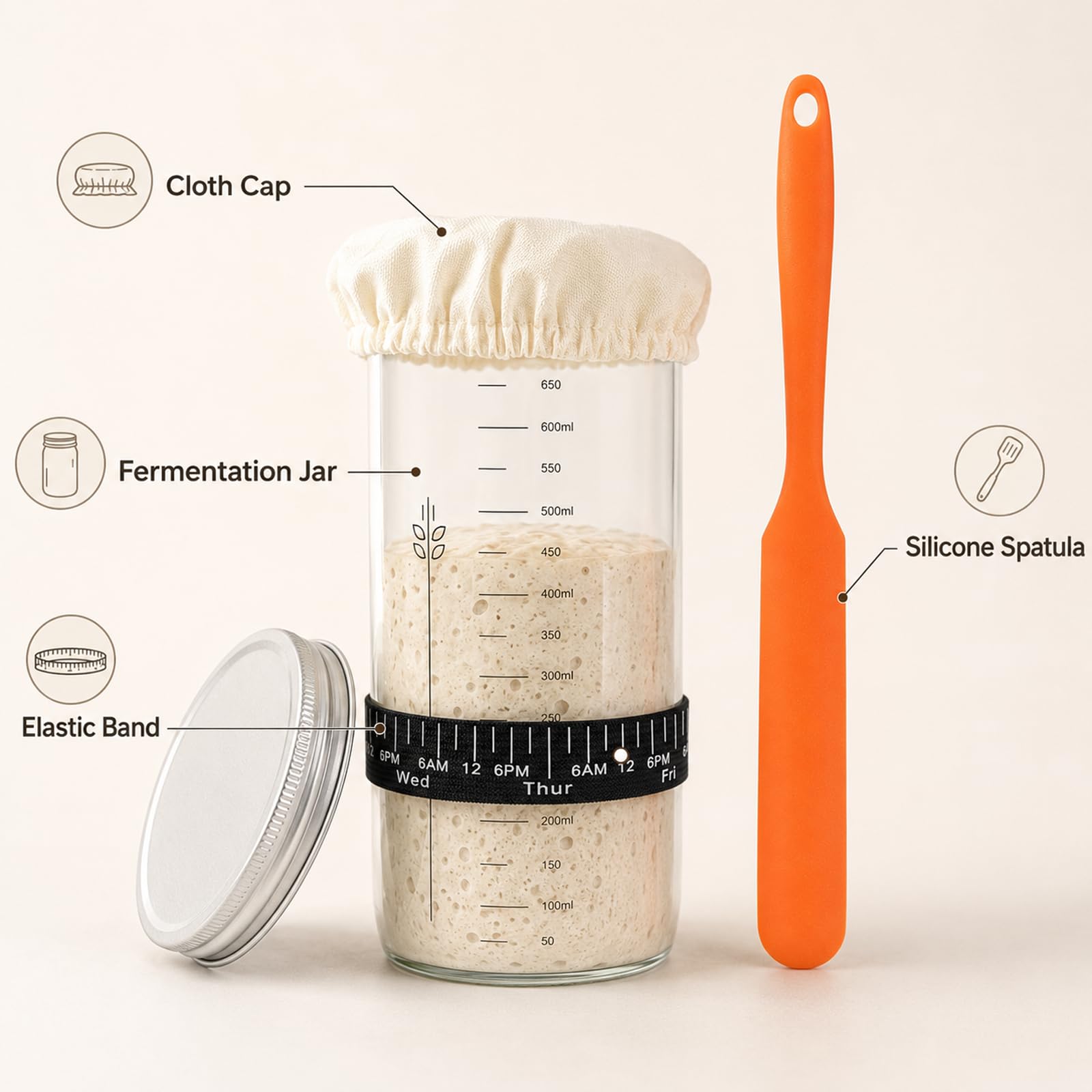 Carehabi Set de cesta de fermentación XXL y juego de iniciación de masa madre – 2 cestas de fermentación (redondas 23 cm y ovaladas de 25 cm), cristal de fermentación con termómetro, raspador de masa