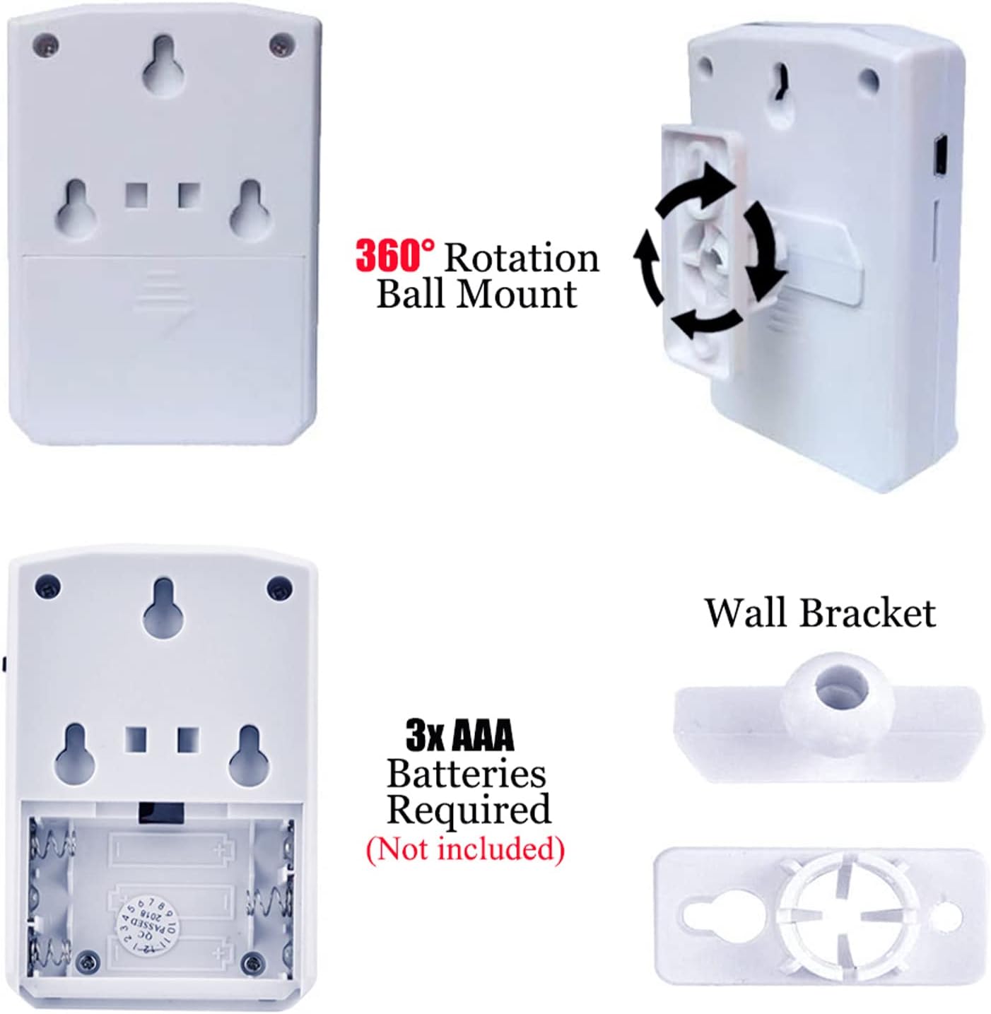 Back view of the device showing the battery compartment for 3 AAA batteries and mounting holes. Also shows a 360-degree rotation ball mount and wall bracket.