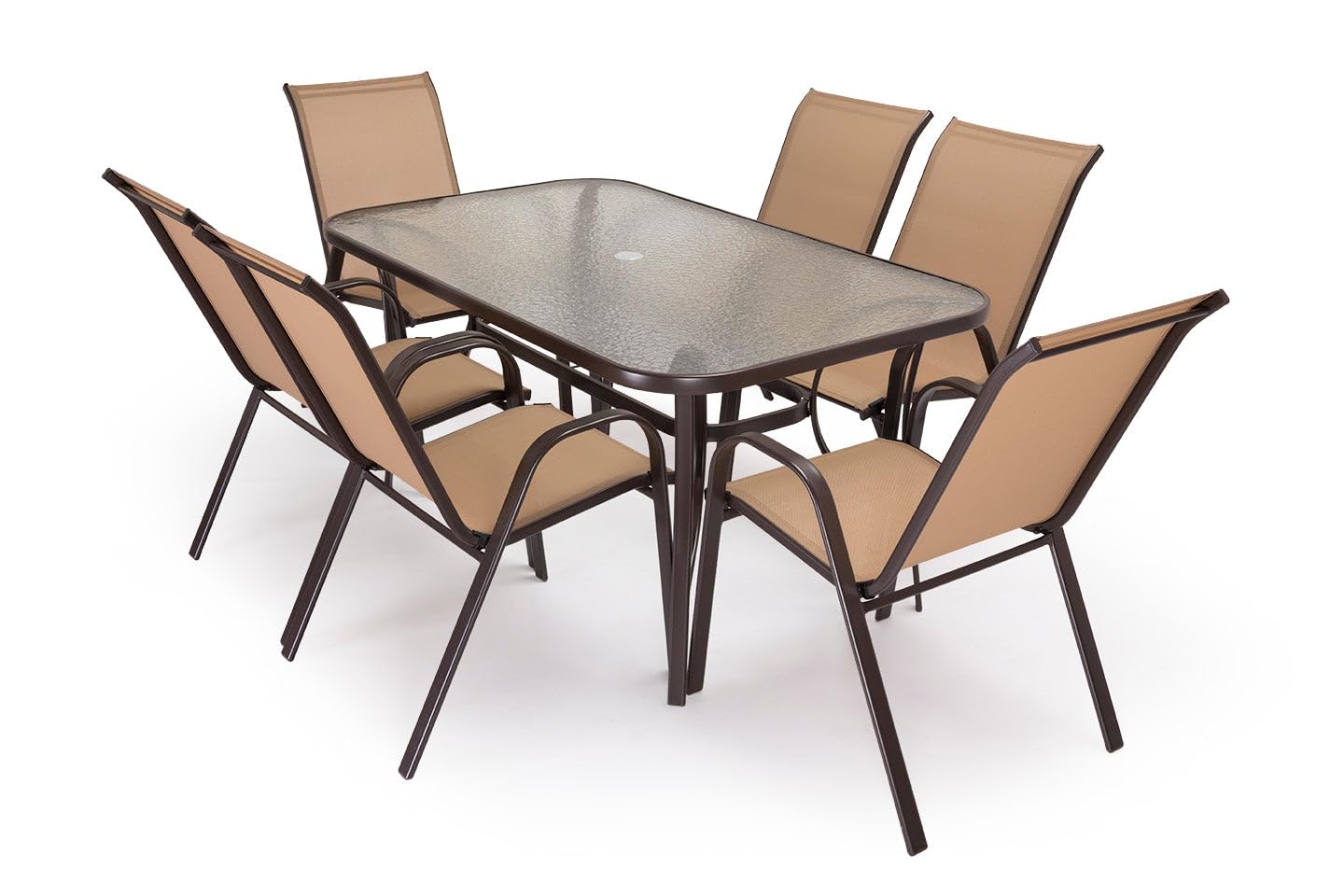 S & S Saldos y Stocks Mesa de Cristal Templado HC + 6 Sillas. Muebles de Jardin y Terraza, Marron
