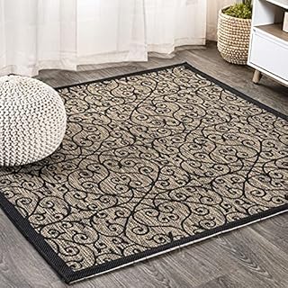 JONATHAN Y SMB107A-4SQ Madrid Vintage Filigree Textured Weave Indoor/Outdoor Area Rug, Classic, Traditional, Coastal for Bedroom, Kitchen, Living Room, Easy-Cleaning, Black/Khaki, 4' Square