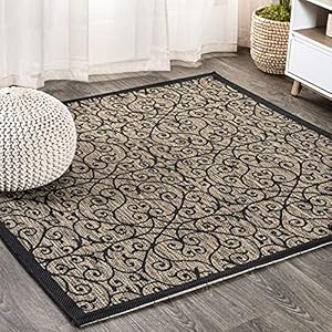 JONATHAN Y SMB107A-6SQ Madrid Vintage Filigree Textured Weave Classic, Traditional, Transitional Indoor/Outdoor Black/Khaki 180 cm Square Area Rug for Backyard, Patio, Porch