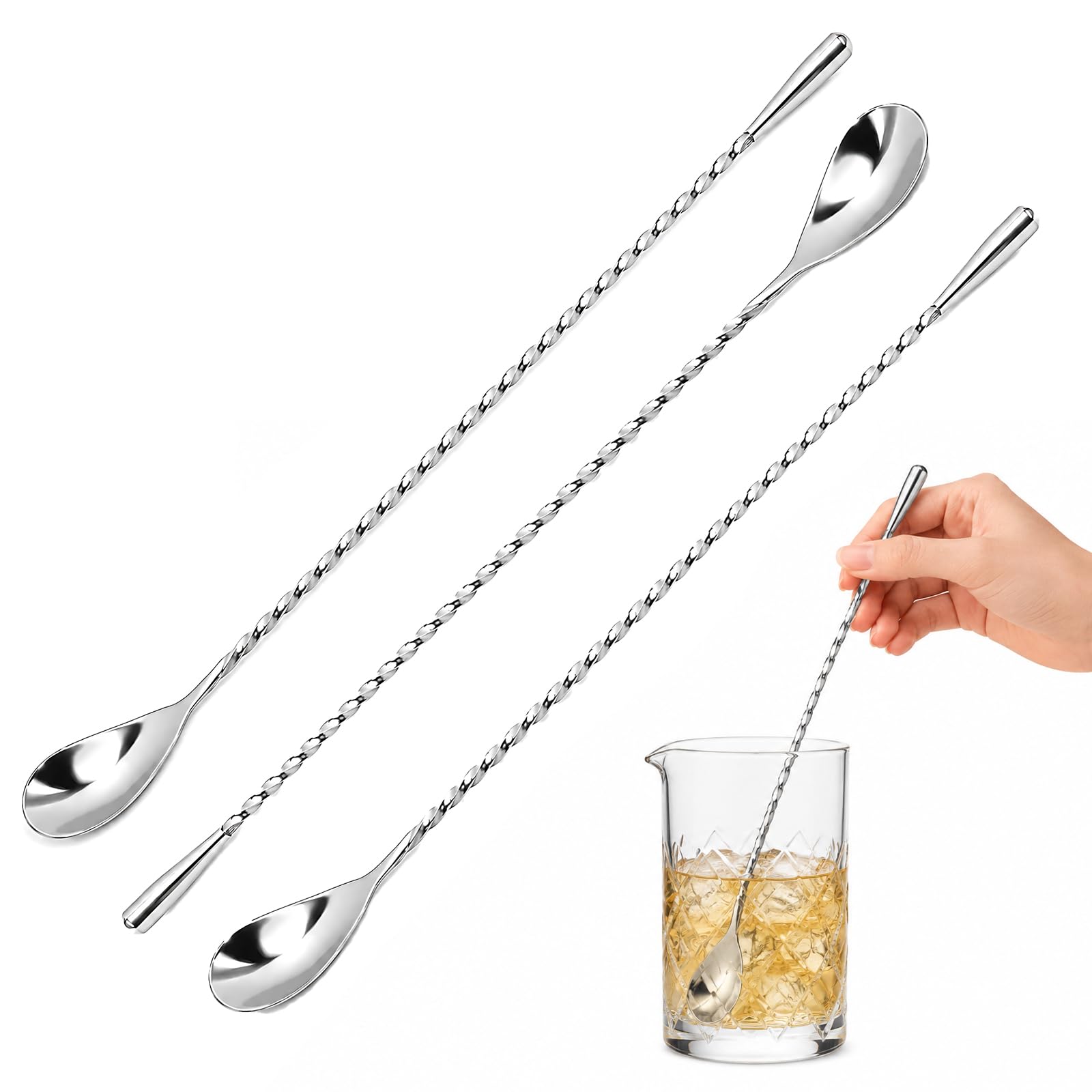 3Pcs 12 Inch Stainless Steel Bar Spoon, Polished Ergonomic Stirring Design for Smooth Bev…