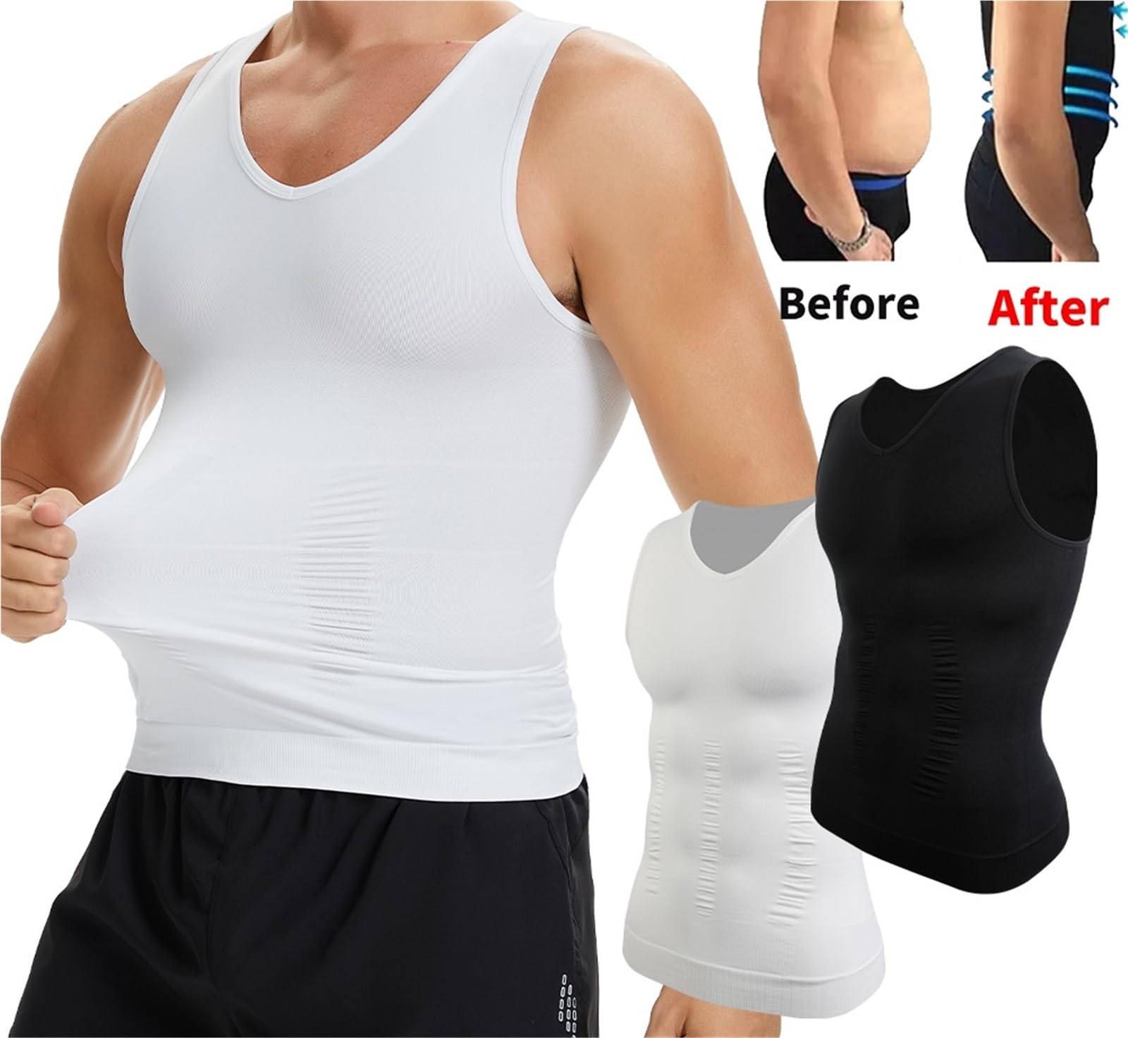 Shapewear pour Homme Lot de 2 débardeurs Compression for Homme, col en V, Gaine Amincissante, Ventre Plat