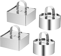 Presentation Circles, 4 x 8 cm Stainless Steel Pastry Cutter, Round with Pusher for Cake Mousse Dessert (Round and Square)