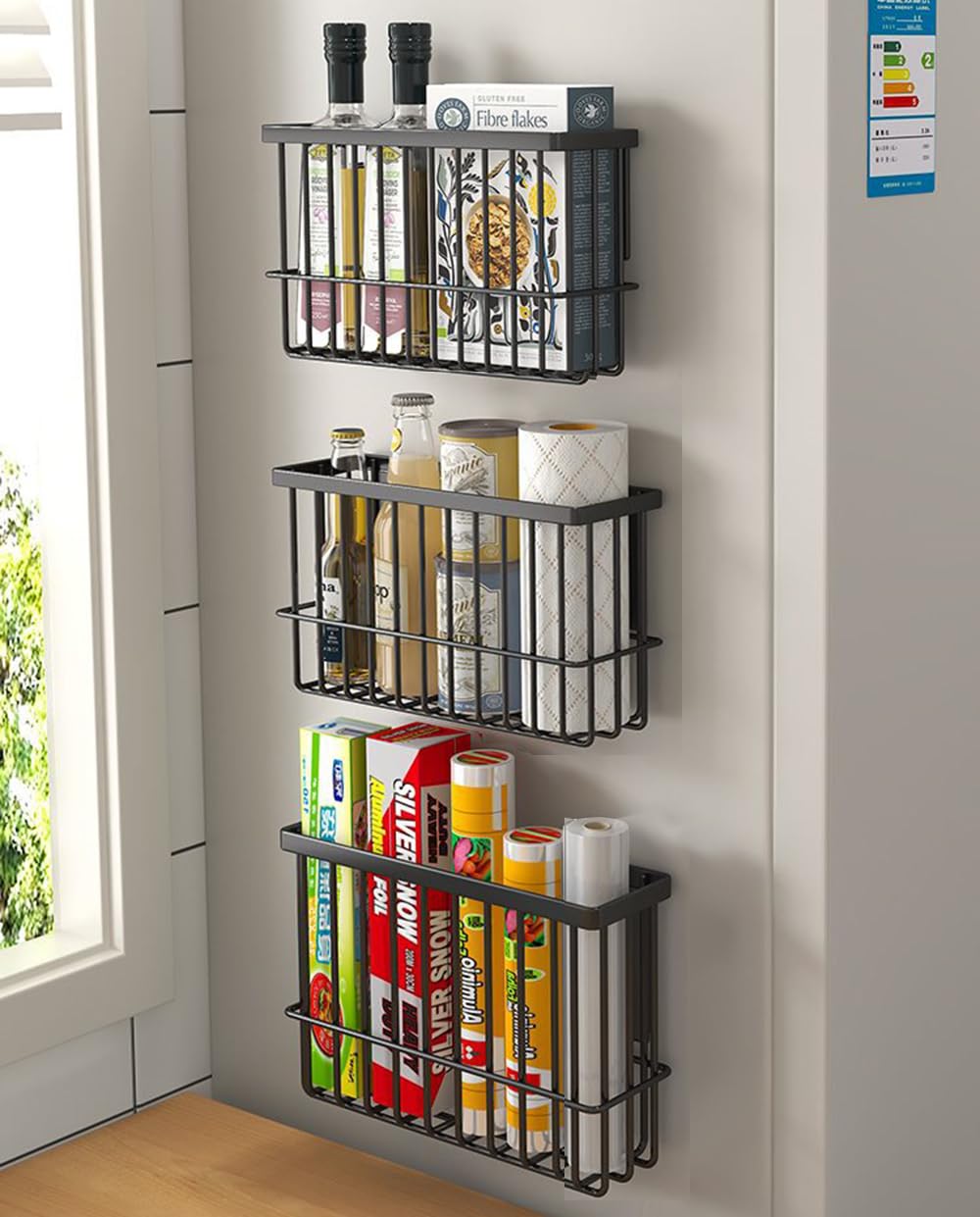 EigPluy 3 Pieces Kitchen Cabinet Door Storage Box, Self-Adhesive Storage Box, Wall Mounted Metal Storage Boxes,Cabinet/Bathroom/Fridge Small Items Organiser Storage Boxes (Black3)