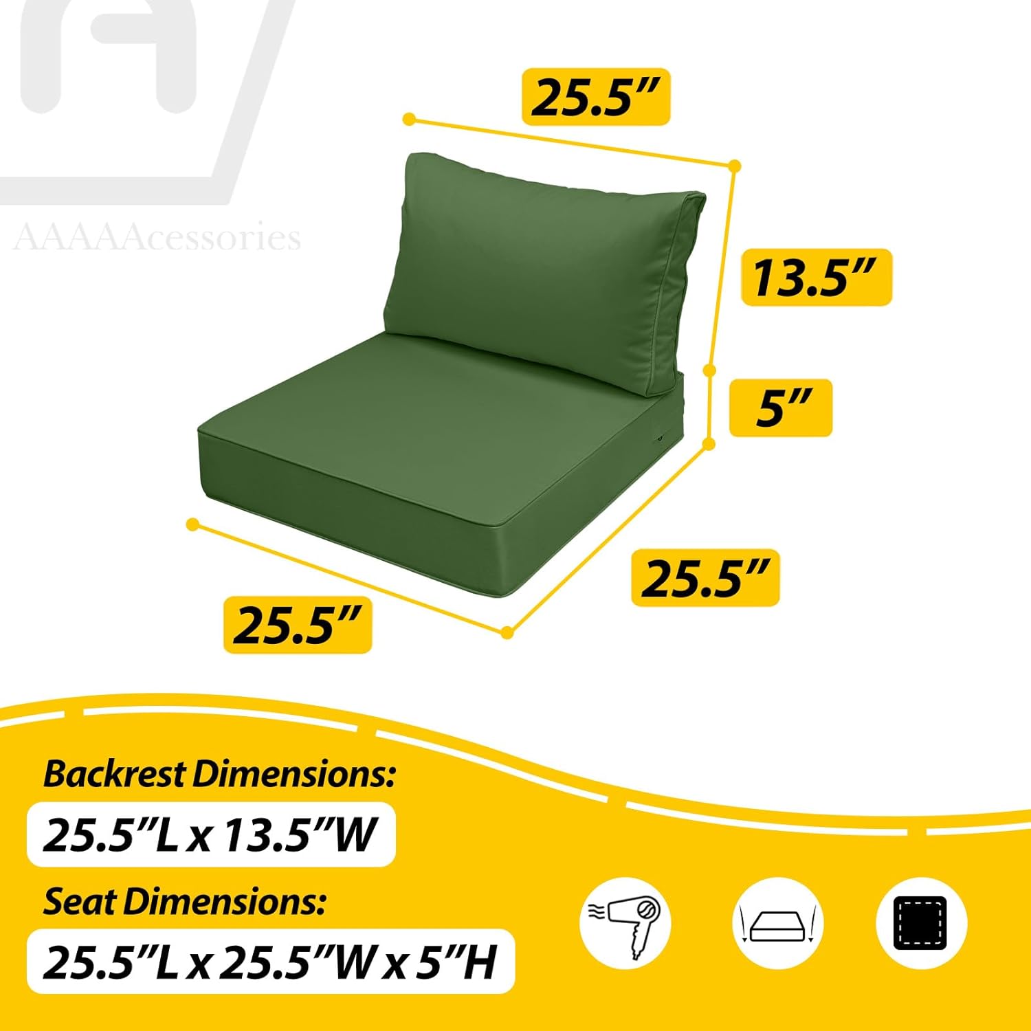 AAAAAcessories Outdoor Seat Cushions for Chairs, Fade-Resistant, Waterproof Patio Furniture Replacement Cushions, 25.5" x 25.5" x 5" + 25.5" x 13.5", Dark Moss Green