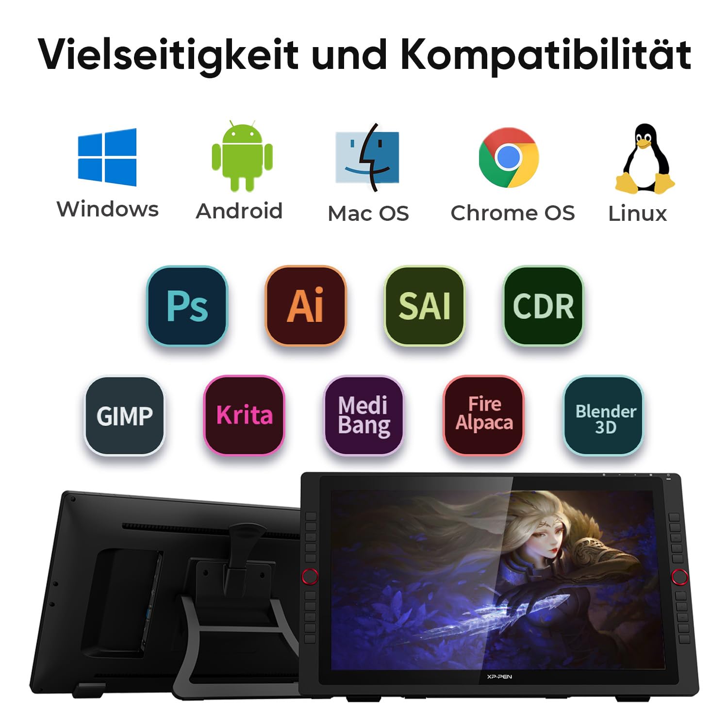 XP-Pen Artist 24 Pro Grafik-Tablet mit Display 2K QHD in 23,8 Zoll (63,8 cm), passiver Eingabestift, 8192 Ebenen, USB-C-Anschluss, kompatibel mit Windows/Mac/Android