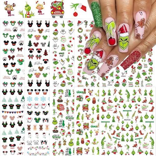 10Sheets Christmas Nail Stickers for Nails Art 3D Self-Adhesive Nail Decals with Xmas Tree Wreath Santa Green Monster Design Winter Nails Supplies Cute Cartoon Holiday Nail Art Stickers for Women Girl
