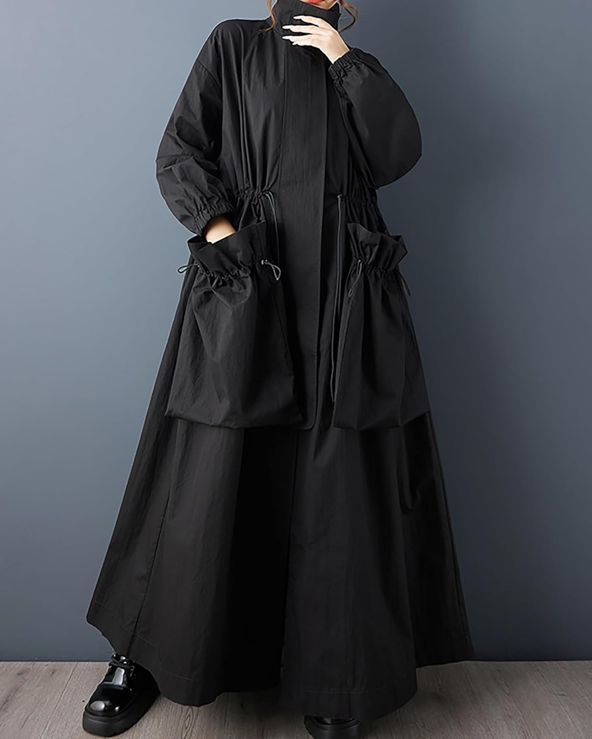 ellazhu Women's Coats Lapel Solid Long Sleeve Zip Up Plus Size Maxi Hem Side Pockets GZ696 A - Image 2