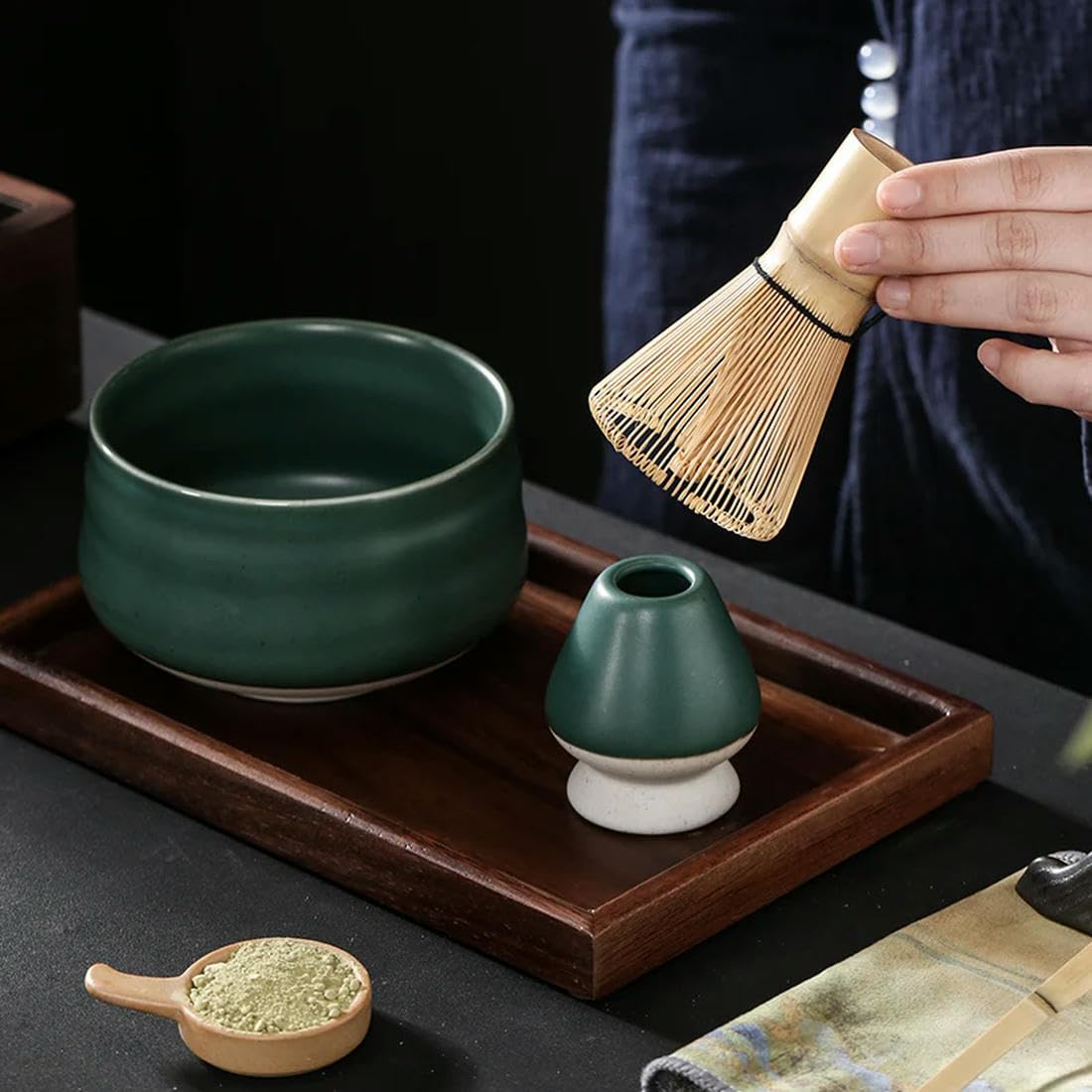 UANGLI 6-częściowy zestaw do matchy, tradycyjny zestaw prezentowy Matcha, trzepaczka do matchy, szufla, ceramiczna miska do matchy, uchwyt na trzepaczkę, japoński zestaw do herbaty