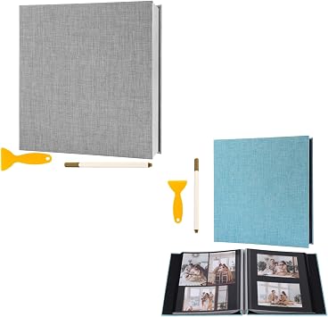 Photo Album Self Adhesive Pages Black & White Sticky Pages Large Scrapbook Linen Cover for 4x6 5x7 8x10 Pictures Album de Fotos Wedding Couples Baby Family Memory Book, 11x10.6 Grey & Light Blue 40 Pa