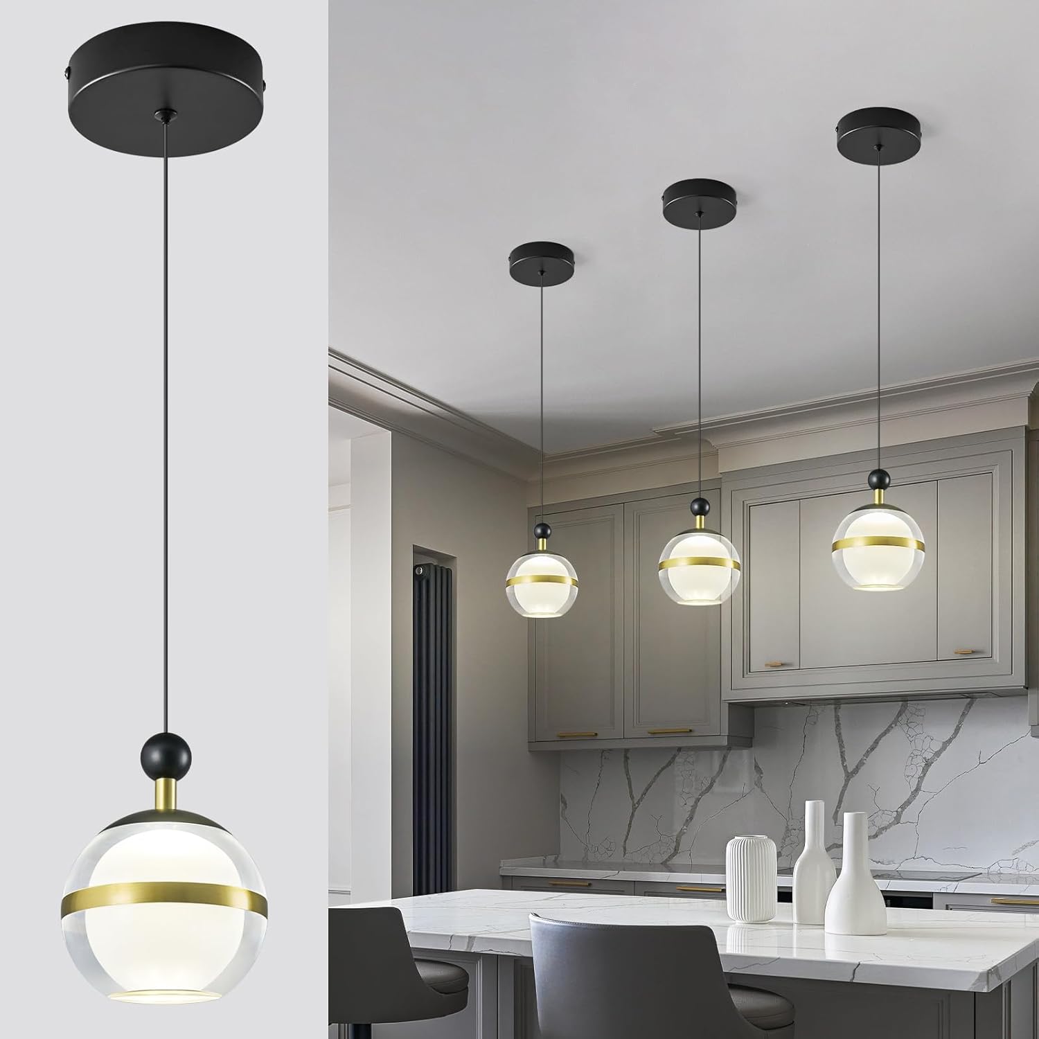 1-Light Modern Pendant Light Globe Pendant Lighting Fixtures,Clear Lampshade Small Pendant Lights Kitchen Island,Dimmable LED Hanging Light for Bedroom,Dining Room,Hallway