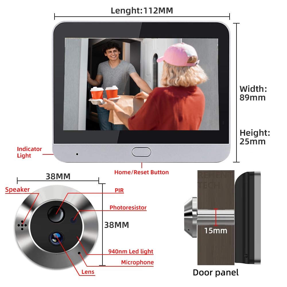 DA2 Audio Bidirezionale,Spioncino Digitale a Batteria 3.0MP con MicroSD da 32GB,Video Spioncino Senza Fili con Schermo a Colori da 4,3", Telecamera porta,140 °Angolo,Rilevamento Movimento PIR