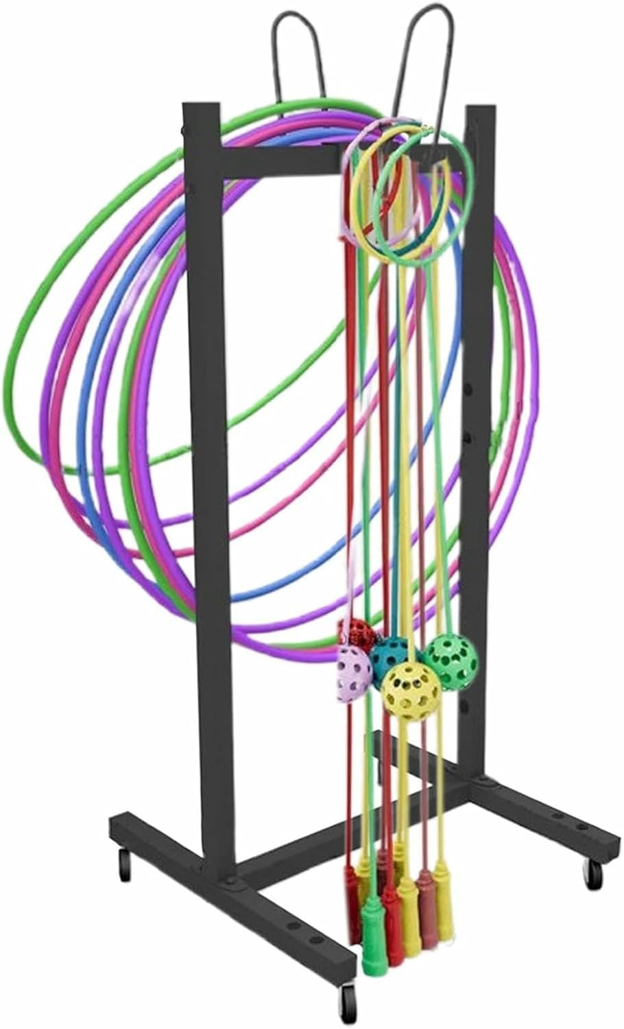 Hanging Jump Rope Organizer Cart, Fitness Hula Hoops Rolling Holder, Iron Hula Ring Dolly for Sports Equipment, Gymnastics Hoop Storage Shelves