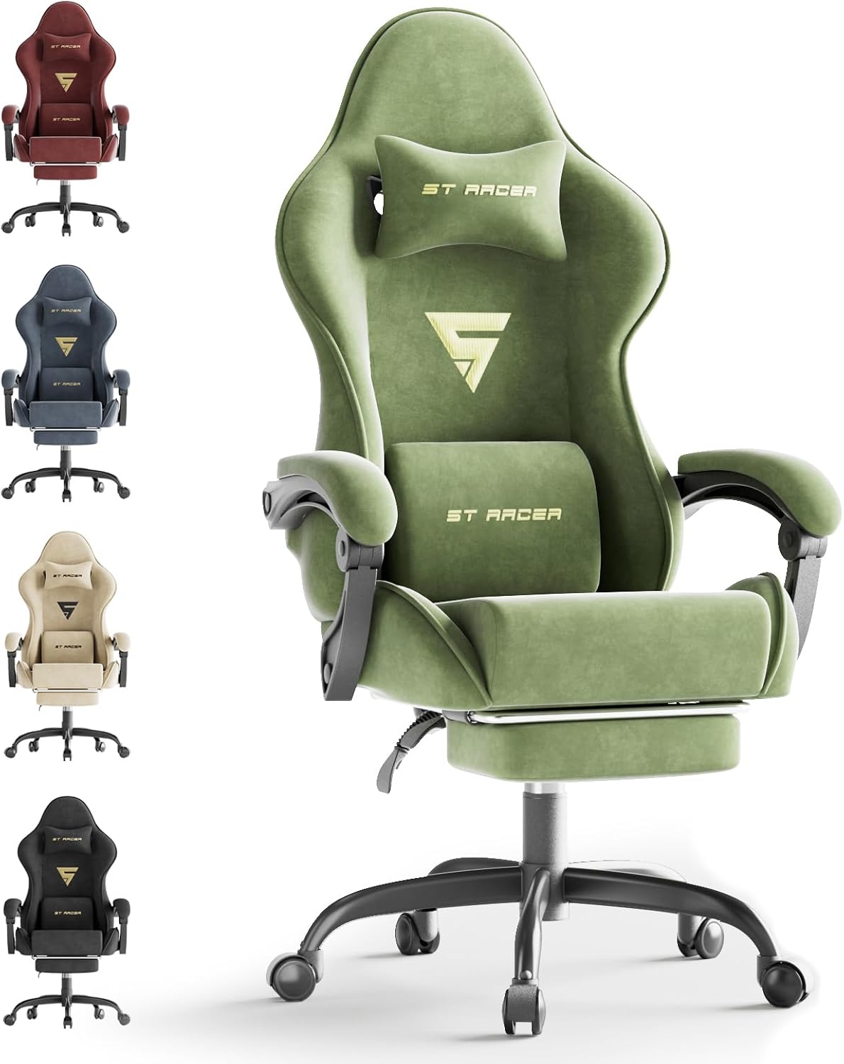 Ferghana Ergonomic Velvet Fabric Gaming Chair with Massage & Footrest, High Back Reclining Racing Computer Chair for Adults, Home Office Gaming Desk Chair, Green