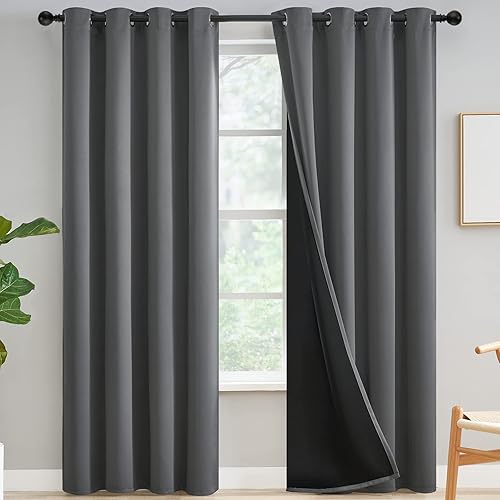 Yakamok 100% Blackout Curtains for Bedroom 84 Inch Length, Grey Full Light Blocking Drapes with Black Backing, Noise Reducing Thermal Insulated Grommet Panels for Living Room, 52Wx84L,Gray, 2 Panels