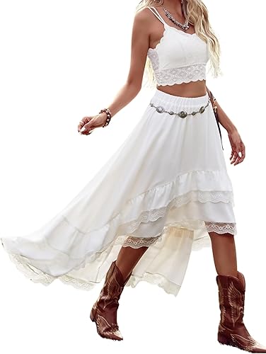 Verdusa Women's Western Cowgirl Lace Skirt Boho Asymmetrical Skirts Country Conc