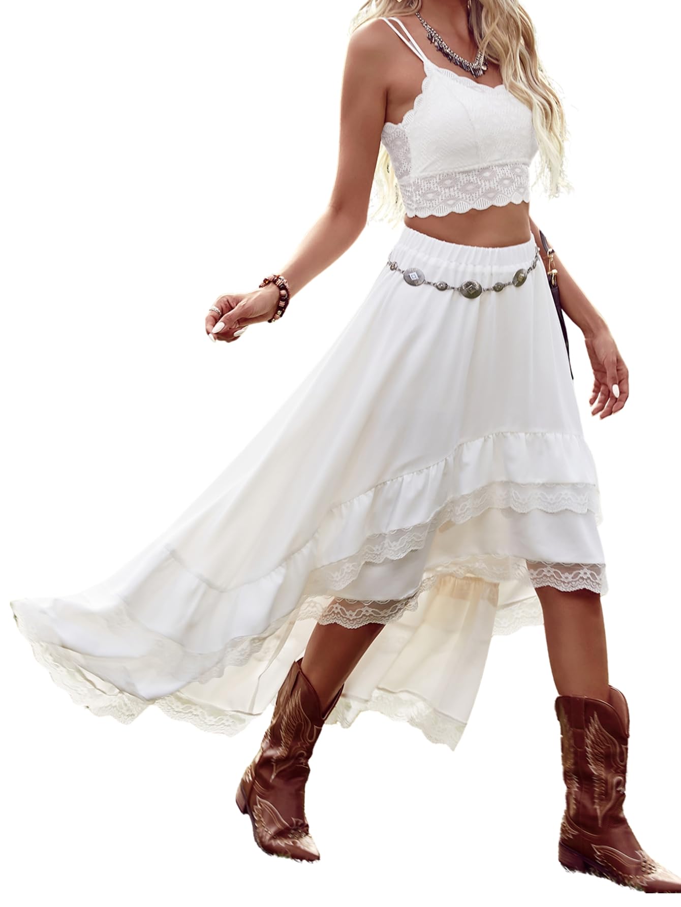 Photo 1 of Verdusa Women's Western Cowgirl Lace Skirt Boho Asymmetrical Skirts Country Concert Outfits White Small
