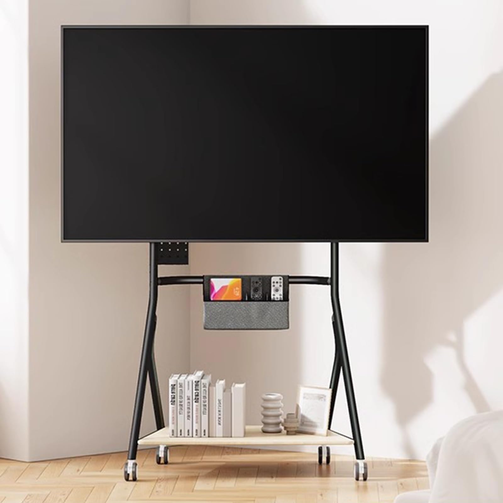 DFGHNBVC Tv Stand, Mobile Tv Stand, Tv Stands For Living Room, Television Stands, For 32-65 Inch Tv, Tv Cart Floor Stand, With Wooden Storage Shelves, For Home Office,Black