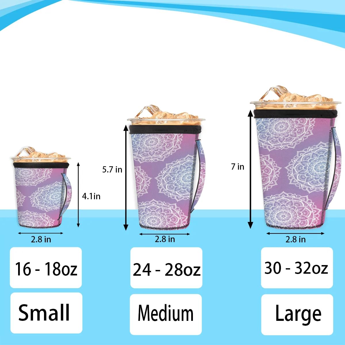 Mandala Colorful M Reusable Iced Insulator Coffee Sleeves Neoprene Insulated Sleeves With Handle Coffee Sleeves for Iced Coffee Cups Drinks