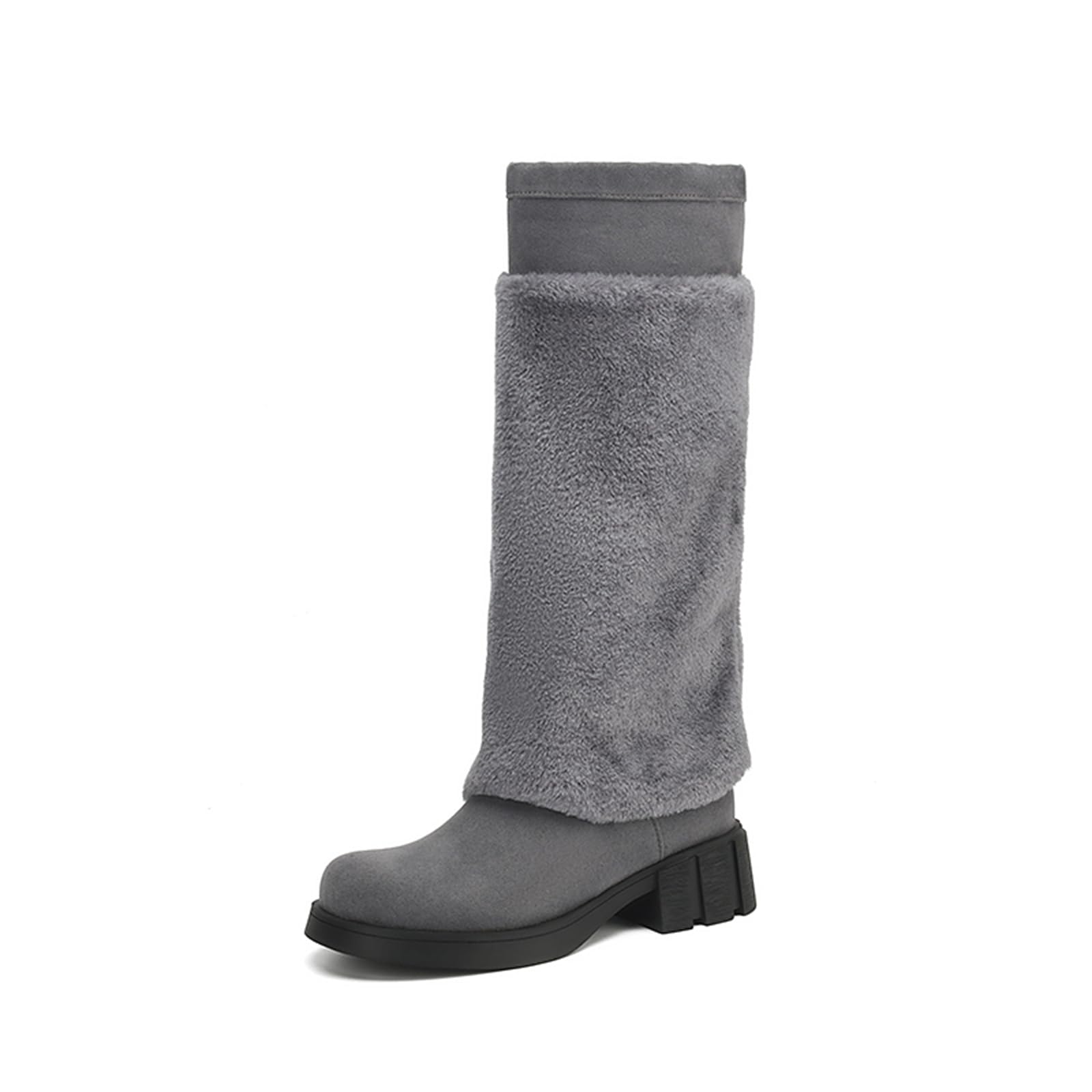 Womens Winter Knee High Boots Round Toe Chunky Platform Lug Sole Combat Boots Warm Faux Fur Snow Booties