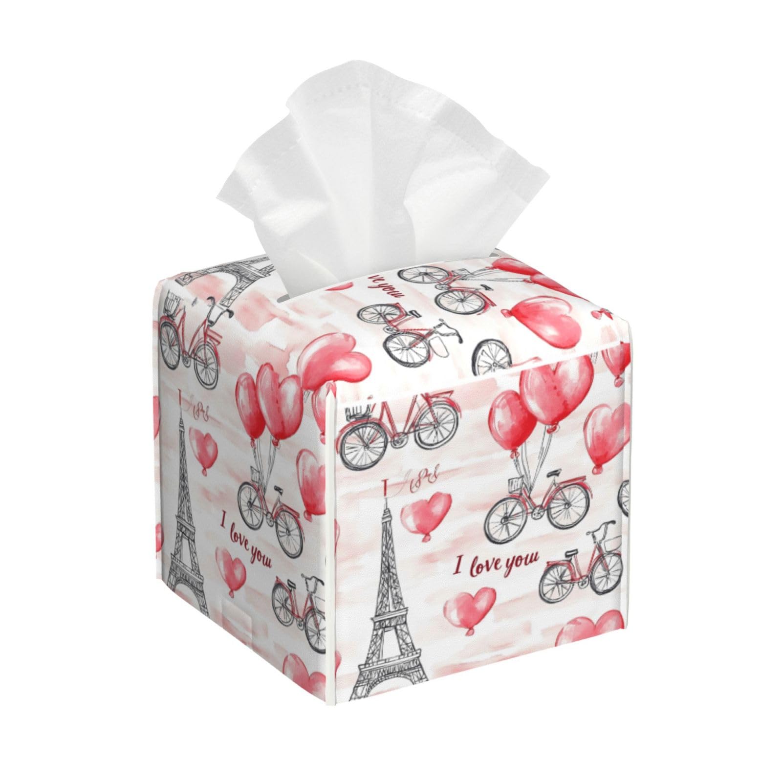 Paris Eiffel Tower Tissue Box Cover Square, PU Leather Facial Tissue Cube Box Holder, Valentines Modern Tissue Case Dispenser for Bedroom Tabletop