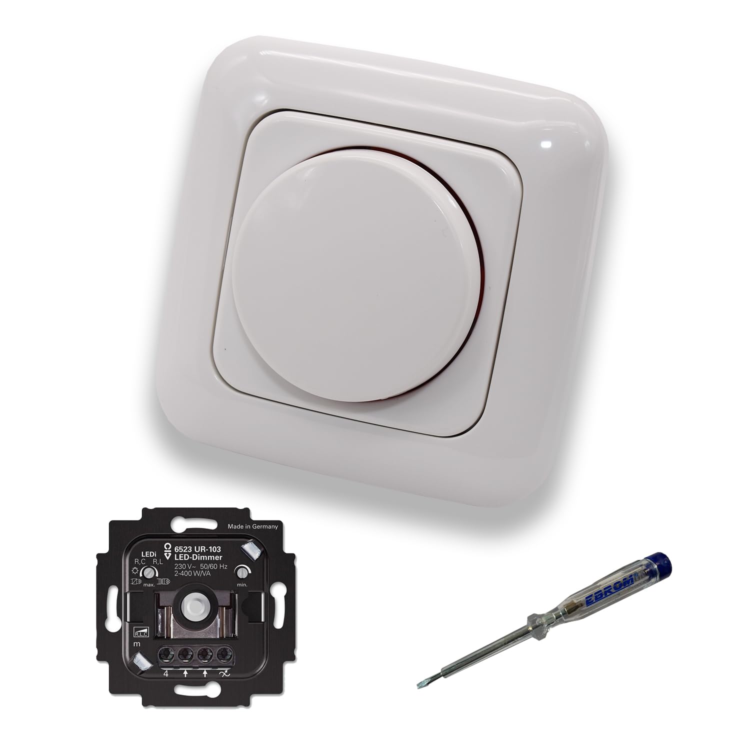 Busch Jäger 6523UR-103 LED-Drehdimmer LED-Dimmer mit Dimmerscheibe Zentralplatte 2115-214 Einfachrahmen in Reflex Si alpinweiß glänzend inklusive EBROM Phasenprüfer zur Montage des Dimmers 6523 UR-103