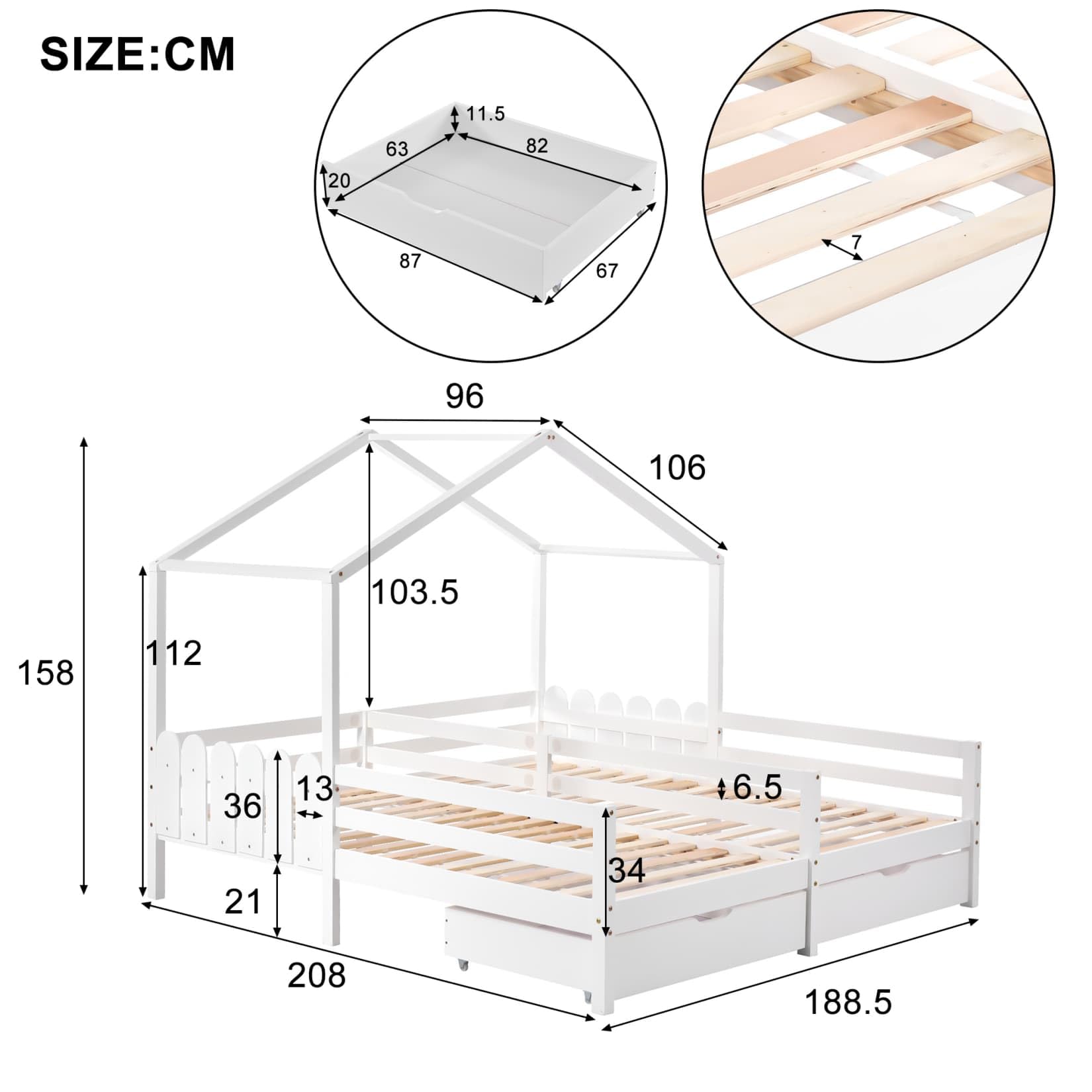 PUGSDRLY Lit Double Cabane Enfants avec Rangement 2 Tiroirs à roulettes,Barrières Hautes,Lit Cabane Enfants 90x200 cm avec Sommier à Lattes,pour Garçons Filles,Blanc (E)