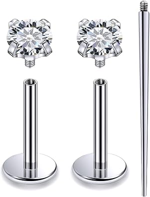 20G 18G 16G Internally Threaded Astm F136 Titanium Nose Ring Studs Flat Back Studs Earrings G23 Titanium Tragus Helix Conch Cartilage Earrings Piercing Jewelry For Women Men CZ 2mm 3mm 4mm