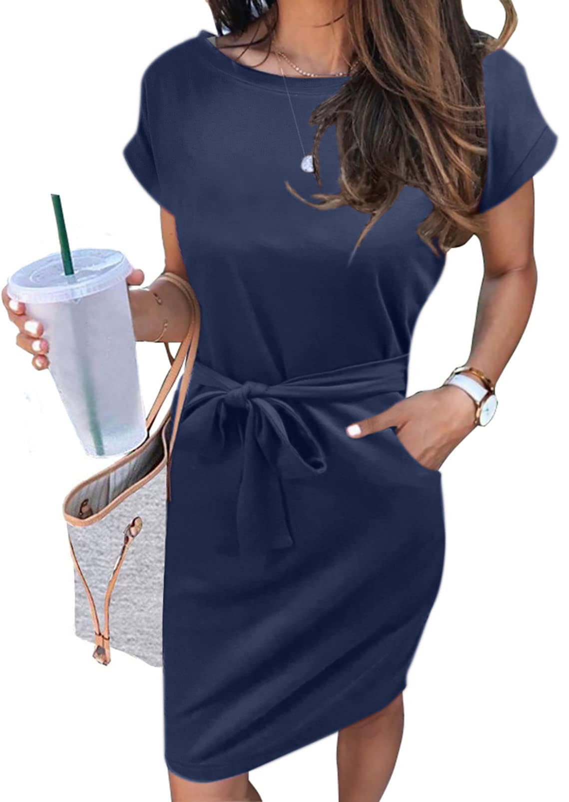 MEROKEETY Women's Summer Striped Short Sleeve T Shirt Dress Casual Tie Waist with Pockets
