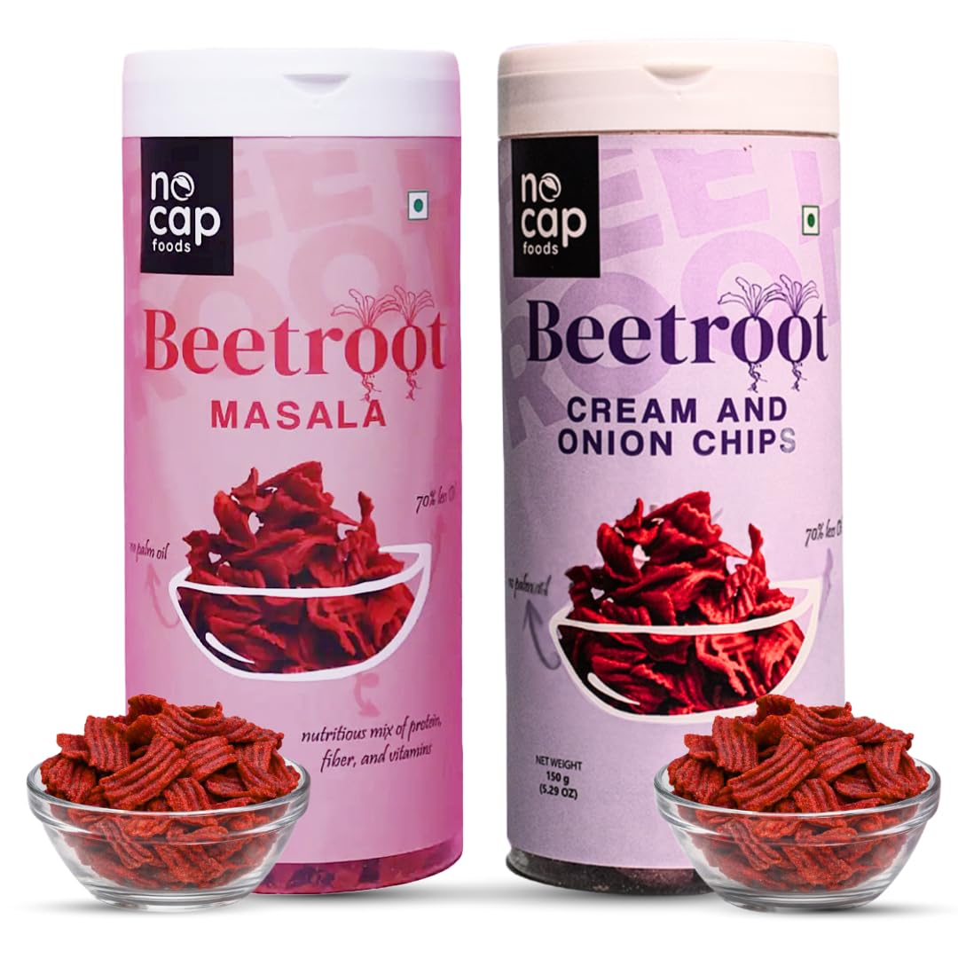 NoCap Zero Guilt Healthy Chips| No Palm Oil & Trans fat| Made with 50% Beetroot | Mad Tasty| 2 Packs(150g Each)| Masala and Cream & Onion-image-5