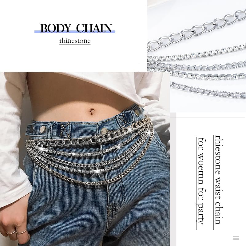 Abien Rhinestone Waist Chain Silver Layered Belly Chain Crystal Belly Body Chain Party Bikini Accessories for Women - Image 4