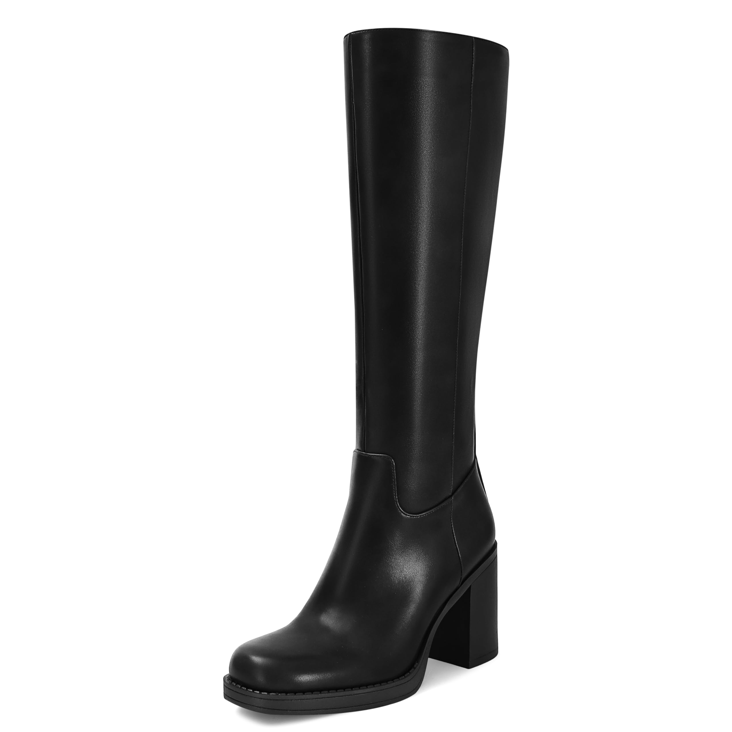 Knee High Boots for Women Chunky High Heel Round Square Toe Elastic Winter Fashion Long Tall Side Zipper