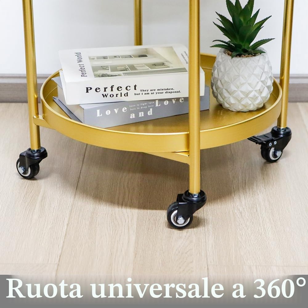 TRIROCKS Elegante Carrello da Bar 78 cm Alto, 3 Piani in Oro con Ruote, Trolley Servizio con Cassetti, Per Cucina e Uso Domestico, Finitura Elegante