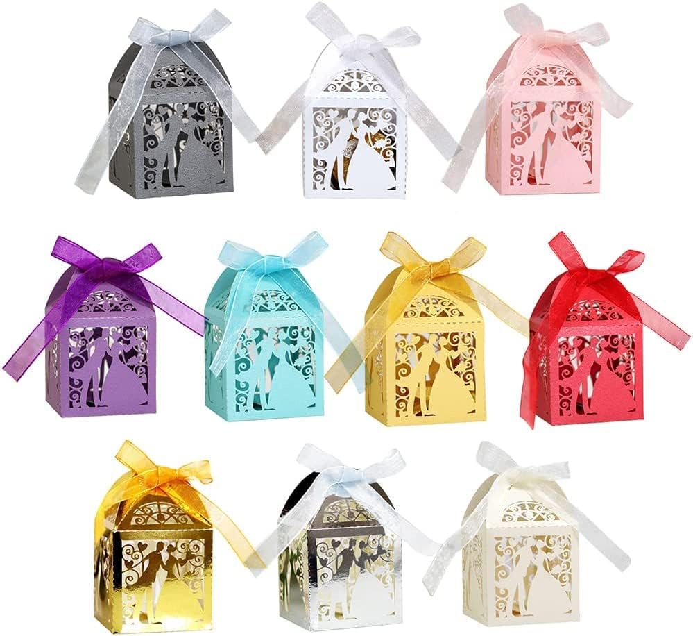 Miniatura 6 de 50 cajas de regalo de boda cortadas con láser, bolsa de caramelos, cajas de regalo de chocolate con cinta, patrón romántico de amante, galletas de