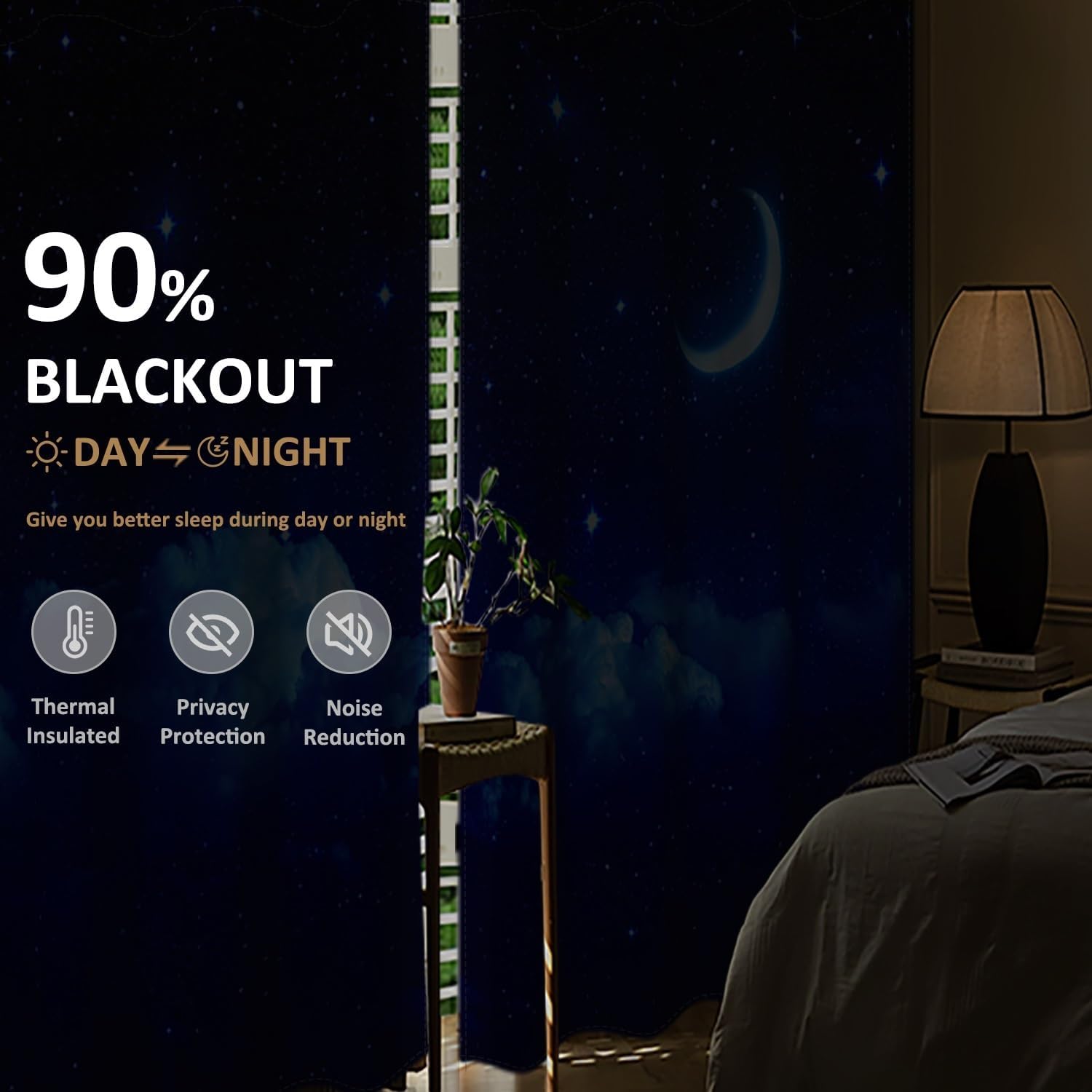 Night Sky Blackout Curtains Crescent Moon Starry Sky Twinkle Stars Clouds Celestial View Window Drapes for Living Room Bedroom Kitchen Grommet Dark Blue Window Curtains 2 Panel Set,21x63inch