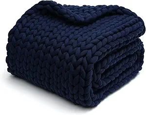YnM Knitted Weighted Blanket, Hand Made Chunky Knit Weighted Throw Blanket for Sleep, Stress or Home Décor (Navy, 60''x80'' 15lbs), Suit for One Person(~140lb) Use on Twin/Full Bed