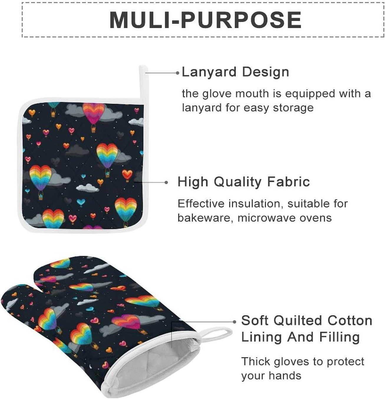 Hot Air Balloon in A Heart Shape Flying On Sky 4 Pcs Oven Mitts and Pot Holders Set High Heat Resistant Long Kitchen Oven Glove Potholders