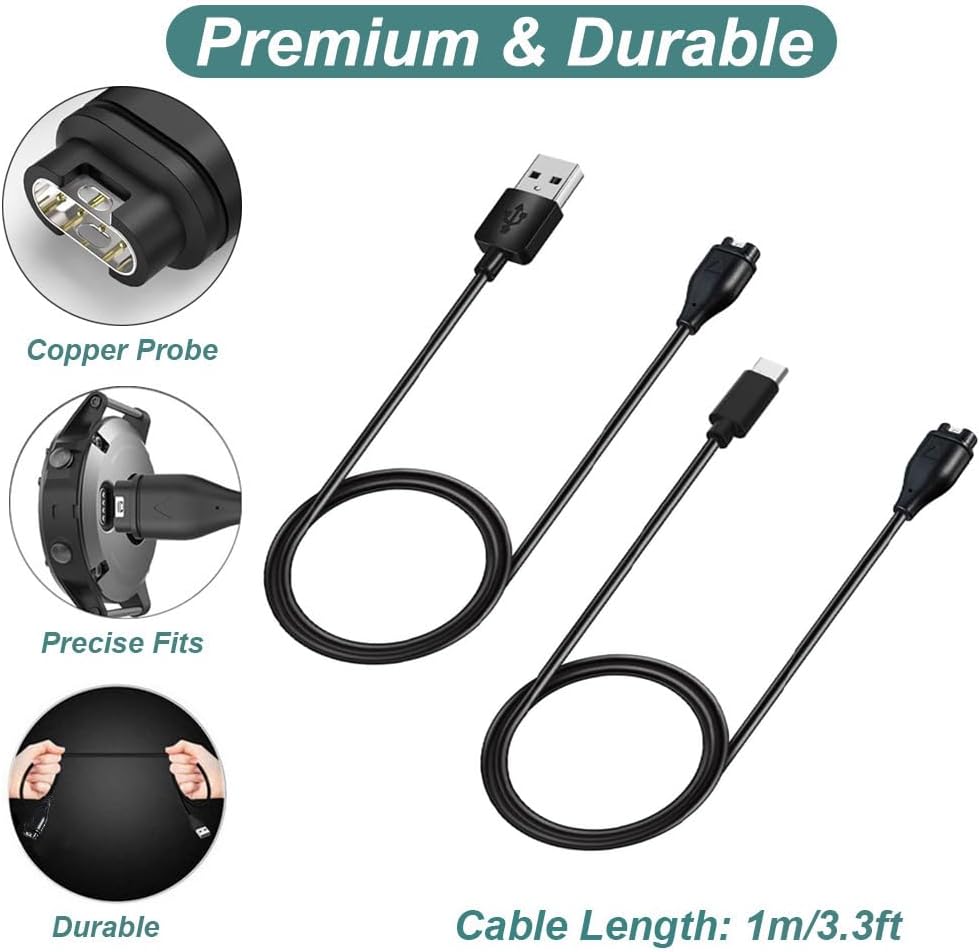 Charger for Garmin Watch - Vivoactive 6 5 4, Fenix 8 7X 6, Venu 3s 3 2 X1, Forerunner 165 265 965, Instinct 3 2 E, Approach S70 S62 S50 S44, Epix Pro 2, Quatix, Tactix 8 7, Enduro (USB-A&C)