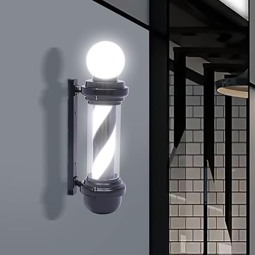 Miniatura 9 de DNYSYSJ Barra de peluquería con luz LED blanca y negra, poste de peluquería tradicional exterior para peluquería, luz iluminadora de rayas