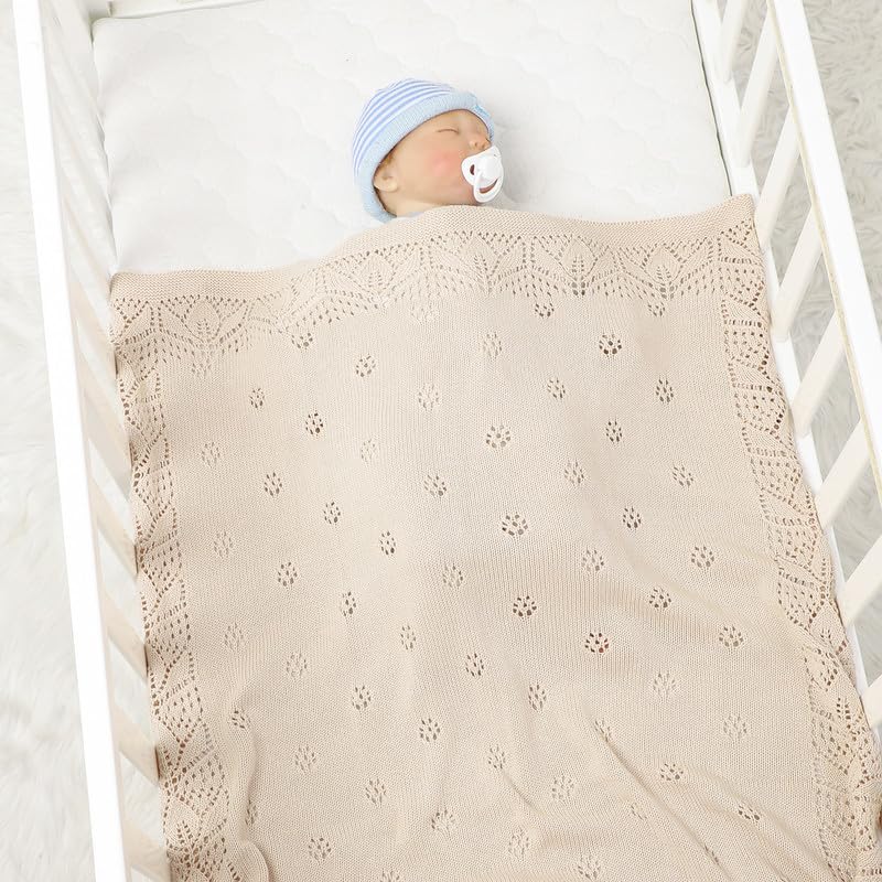 LAWKUL Cellular Blanket Baby 100% Cotton Knitted Soft Babe Crochet Blankets for Newborn Boy Girls Toddler 100x80cm Beige - Image 3