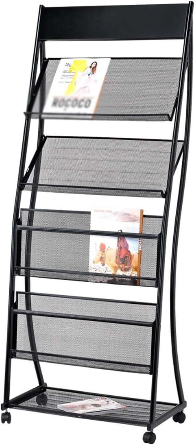 CGCSYZ Floor Standing Magazine Rack, 4 Tiers with Wheels, Brochure Display, Information Display, Mobile Newsstand Brochure Display Stand for Exhibitions (Black)