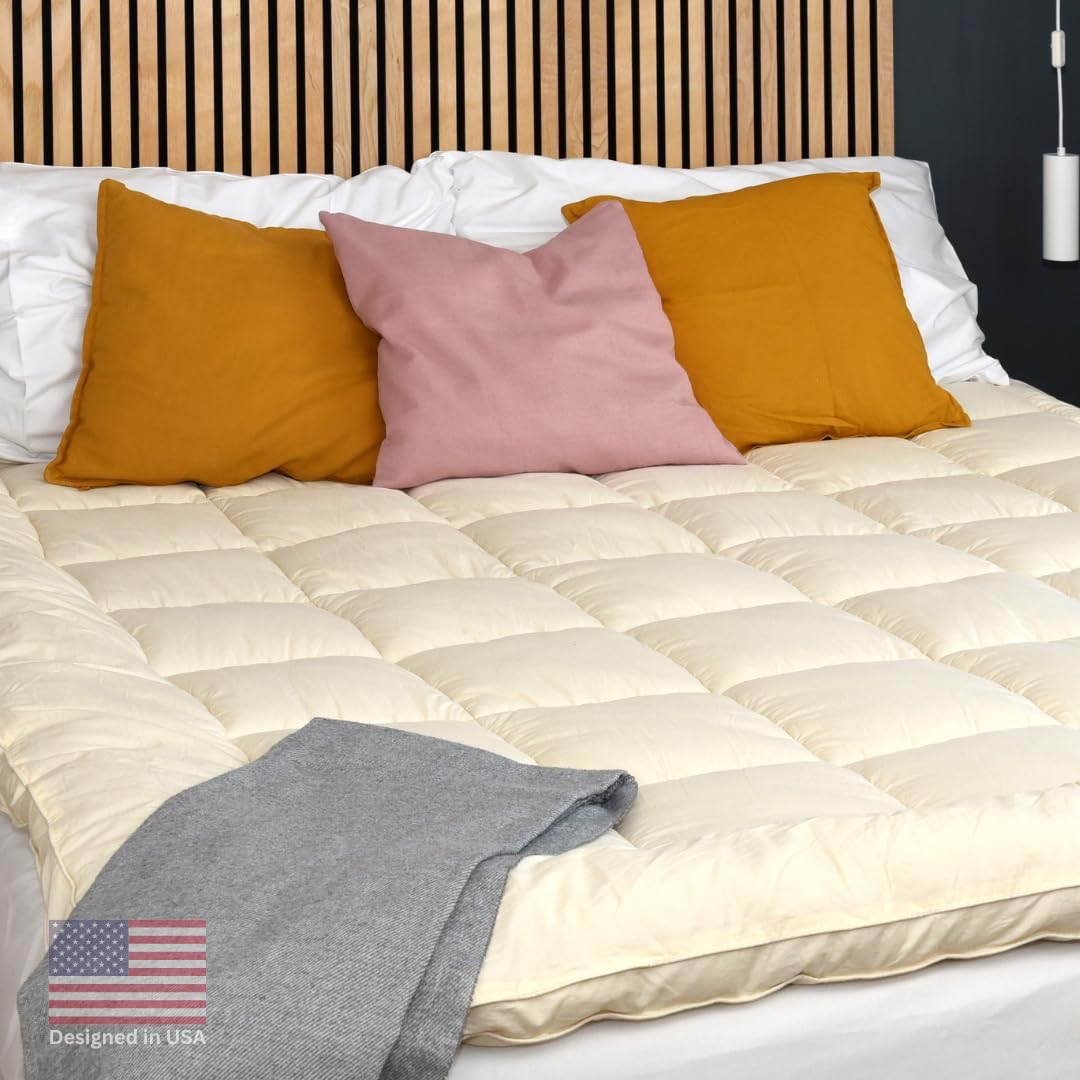 Woolie 100% Merino Wool Mattress Topper for Back Pain Relief Natural Handmade Merino Wool Pad 2 Inches Thick Cooling Breathable with 2 Elastic Straps, Ivory Full 54x76 Inches