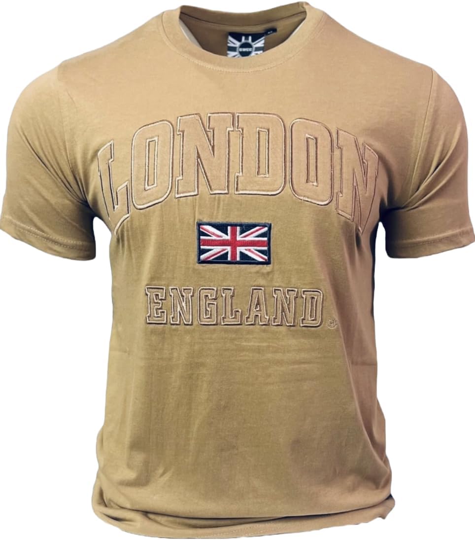 GWCCUnisex London England Applique Embroidery t-Shirt, self-Colour Embroidery, Colour Desert Storm with Union Jack XS to 4XL